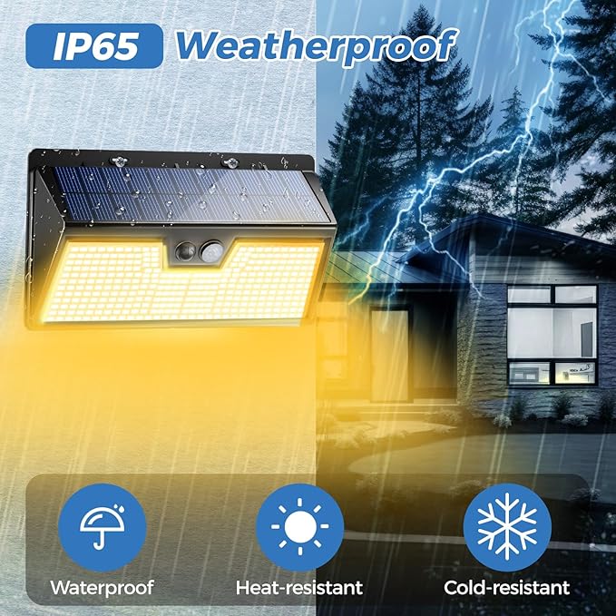 Peasur Warm White Solar Lights Outdoor Motion Sensor, 2 Pack 318LED Solar Powered Fence Wall Light IP65 Waterproof, 3 Mode Security Lights for Outside Deck Stairs Step Yard Patio