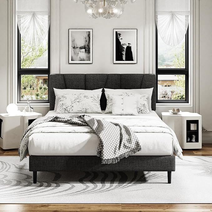 Queen Size Platform Bed Frame with Modern Upholstered Headboard, Wooden Slats Support, Noise Free, No Box Spring Needed, Easy Assembly, Dark Grey, Linen