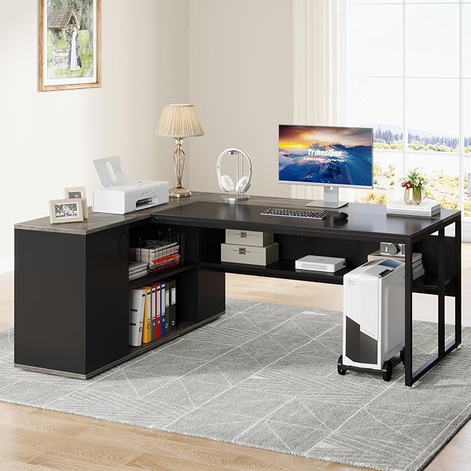 LITTLE TREE Large Executive Desk with File Cabinet, 71 inch L Shaped Computer Desk Office Desk with Drawers and Storage Shelves, Business Furniture Desk Workstation for Home Office, Grey