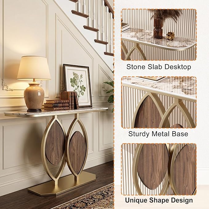 Stone Console Table Gold for Entryway, Modern Foyer Table Sofa Tables Narrow Long Stone Top for Living Room, Hallway Decor, Creative Styling(Gray,47.2"x11.8"x31.5")