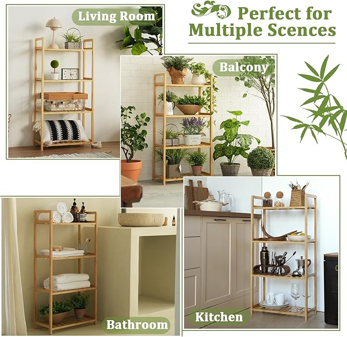 Bamboo Shelf, 4-Tier Bookcase Storage Shelves, Small Book Rack Shelving Unit, Multipurpose Storage Display Shelf for Bathroom Kitchen Living Room Office (4T- Natural)