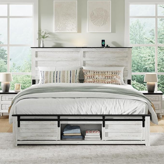 Full Size Bed Frame with Wood Headboard, Wooden Platform Bedframe with Sliding Barn Door Footboard and Charging Station Easy Assembly, No Box Spring Needed (Boho White, Full)