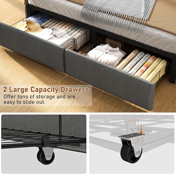 SADENICEL Queen Bed Frame with Storage Headboard and 2 Drawer, Metal Queen Size Bed Frame Platform with LED Light, Charging Station, No Box Spring Needed, Noise Free, Easy Assembly, Grey