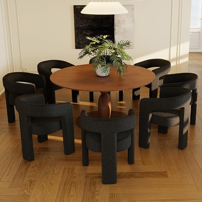 Modern Sherpa Dining Chairs Set of 8, Upholstered Barrel Chairs with Arms Comfy Accent Side Chairs for Living Room/Dining Room/Reception, Black