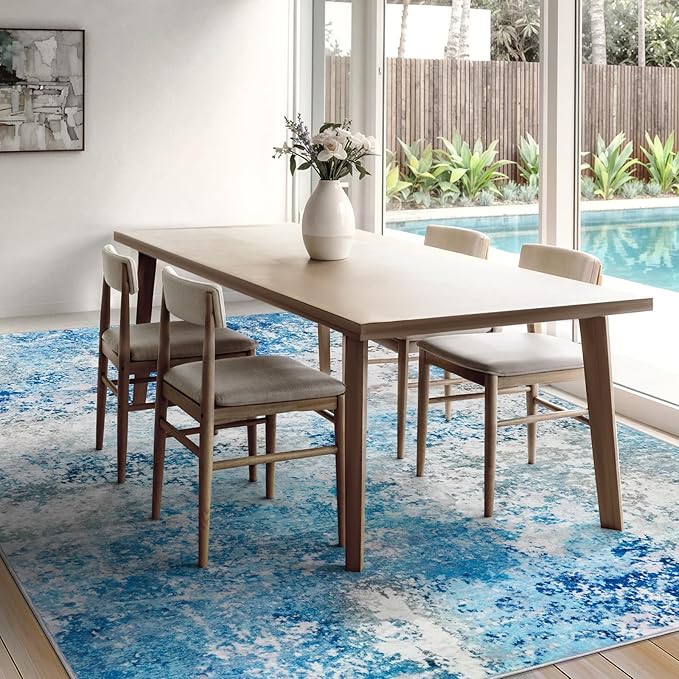 5x7 Washable Area Rugs - Living Room Rug Neutral Modern Abstract Large No Slip Soft Thin Rug Indoor Floor Carpet for Bedroom Under Dining Table Home Office Nursery Room - Blue White