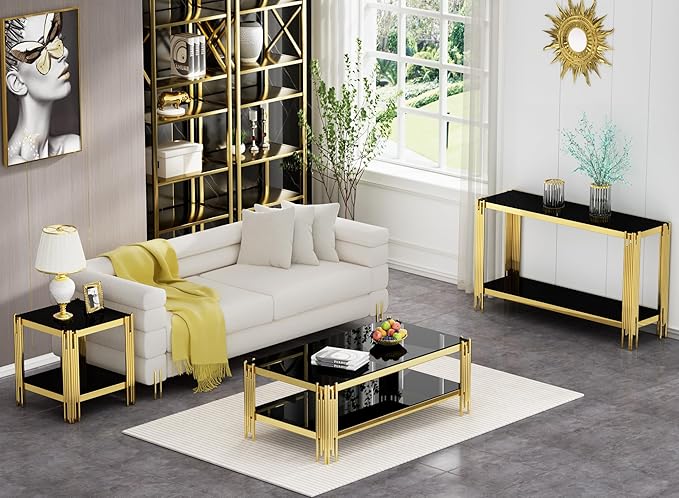 Goujxcy Modern Glass Coffee Table 47" Gold Center Table with Black Glass Top and Mirror Finish Stainless Steel Legs, Luxury Rectangular Coffee Table for Living Room Apartment (Gold)