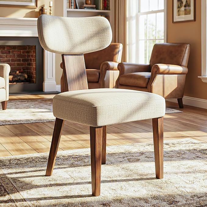 Dining Chairs, Mid-Century Modern Upholstered Kitchen Chairs with Curved Backrest and Linen Fabric Seat, Wood Leg Accent Chairs for Dining Room, Living Room, Bedroom, Linen Beige