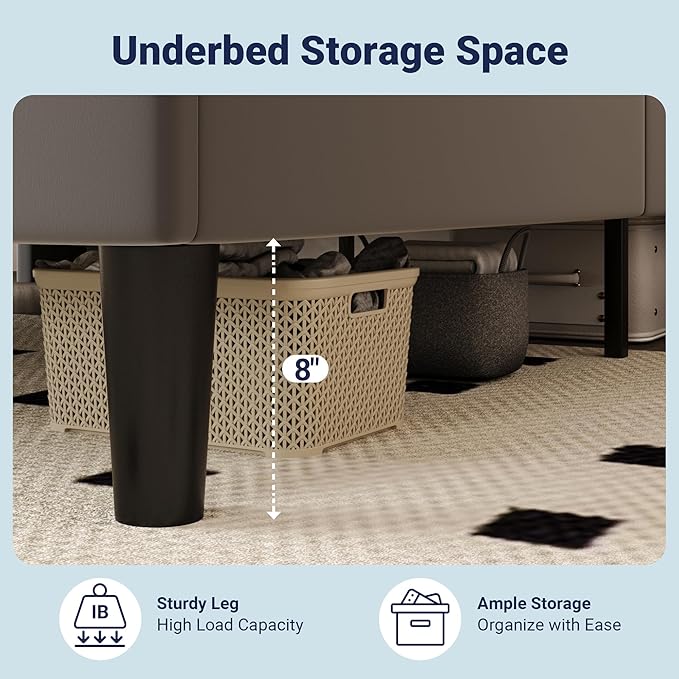 Allewie Queen Size Bed Frame, Storage Headboard with Charging Station, Wingback Velvet Upholstered, Diamond Stitched Button Tufted, Sturdy Wooden Slats, No Box Spring Needed, Easy Assembly, Grey