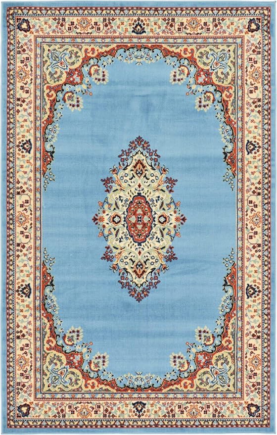 Unique Loom Reza Collection Traditional Persian Style Area Rug, Rectangular 5' 1" x 8' 0", Light Blue/Ivory