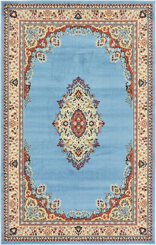 Unique Loom Reza Collection Traditional Persian Style Area Rug, Rectangular 5' 1" x 8' 0", Light Blue/Ivory