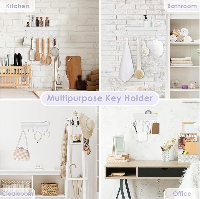 VIS'V Key Holder Wall Mount, Compact Adhesive Key Rack with Tray, 6 Hooks, 2 Mount Options, White