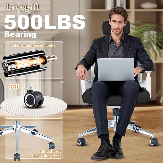 Ergonomic Office Chair Big and Tall Desk Chair, Dual-backrest Computer Chair with 6D Adjustable Arms and Lumbar Support, 500lbs Extra Wide Seat, for Home & Office Use,Black