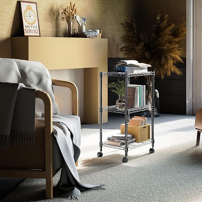 3 Tier Shelf Metal Storage Shelves Wire Rack Closet Organizers with Wheel for Garage Kitchen Bathroom Laundry Black 11.8" D x 17.7" W x 29.8" H