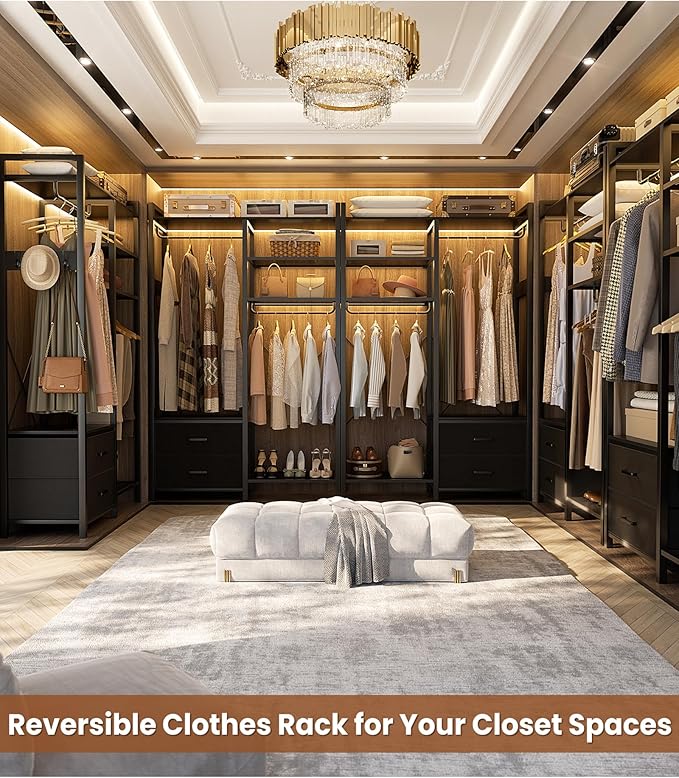 78.7'' Clothes Rack for Hanging Clothes - Reversible Clothing Rack with 2 Drawers, Heavy Duty Garment Racks with Shelves, 6 Tiers Freestanding Portable Closet Wardrobe System with Hanging Hooks, Black