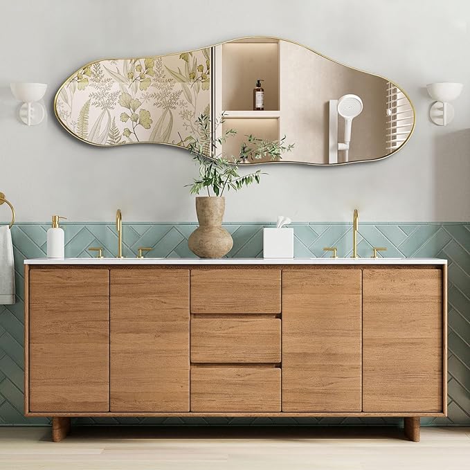 Irregular Mirror Full Length, 63"x22.5" Asymmetrical Wall Mirrors with Gold Metal Frame, Large Modern Abstract Unique Shaped Mirror for Living Room Bathroom Bedroom Hallway Entryway