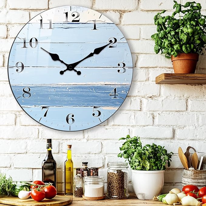 Farmhouse Wooden Wall Clock for Living Room - 14 Inch Silent Round Clock with Tempered Film, Rustic Kitchen Decor Battery Operated Non-Ticking Wall-Clock