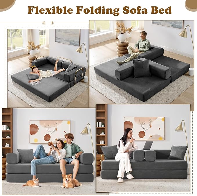 Antetek Convertible Futon Sofa Bed, 3-Seater Modern Corduroy Foam Floor King Size Bed Fold Out Sleeper Lounge Loveseat Sofa Couch with 2 Throw Pillows for Living Room Bedroom Guest Room, Dark Grey