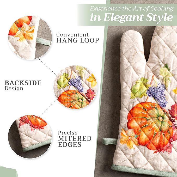 Maison d' Hermine Oven Gloves 100% Cotton Oven Mitt 7" x 13" with Loop Heat Resistant BBQ Cooking Gloves for Thanksgiving Christmas Decorations Baking Handling Hot Pans (Pack of 1, Lumina)