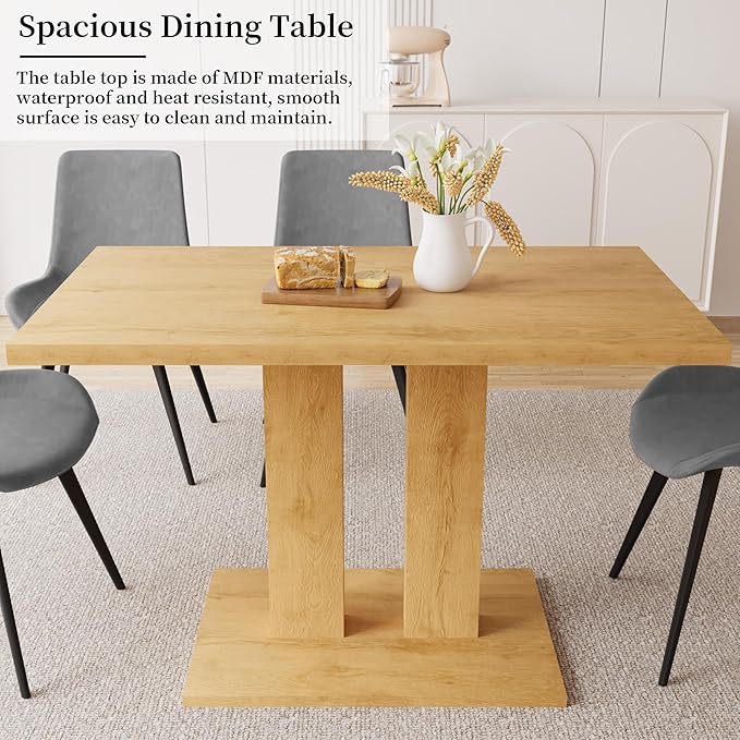Dining Table Set for 4-6 People, 46 Inch Modern MDF Oak Kitchen Table with 4 Faux Leather Chairs, Rectangular Dining Room Table Set for Home, Small Spaces, Breakfast Nook (Oak Table + 4 Grey Chairs)