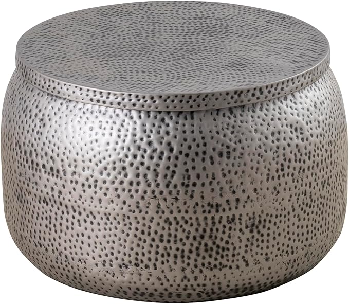 Albany Living Modern Round Aluminum Hammered Embossed Texturing, Metal Drum Coffee Table with Removable Lid for Storage,Fully Assembled, for The Living Room and Bedroom, Gray