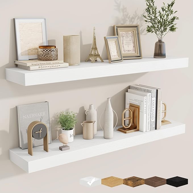 fuqing Floating Shelves for Wall, Wall Mounted Wood Floating Shelf with Invisible Brackets for Living Room, Bathroom, Bedroom, Kitchen Storage and Decor, 40 Inch Set of 2, White