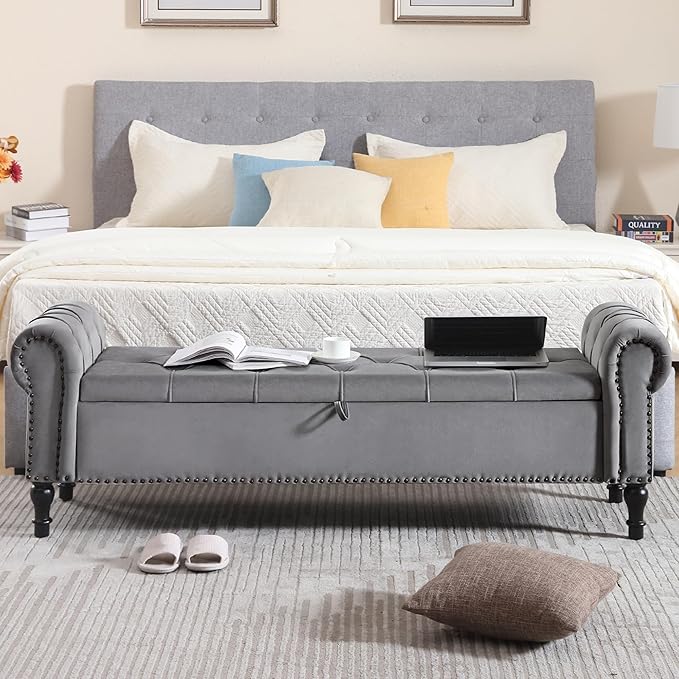 Velvet Storage Bench 67 Inch Upholstered Tufted Ottoman Bench with Rolled Arms Large Storage Space King Size End of Bed Bench for Bedroom Living Room Entryway Dark Grey