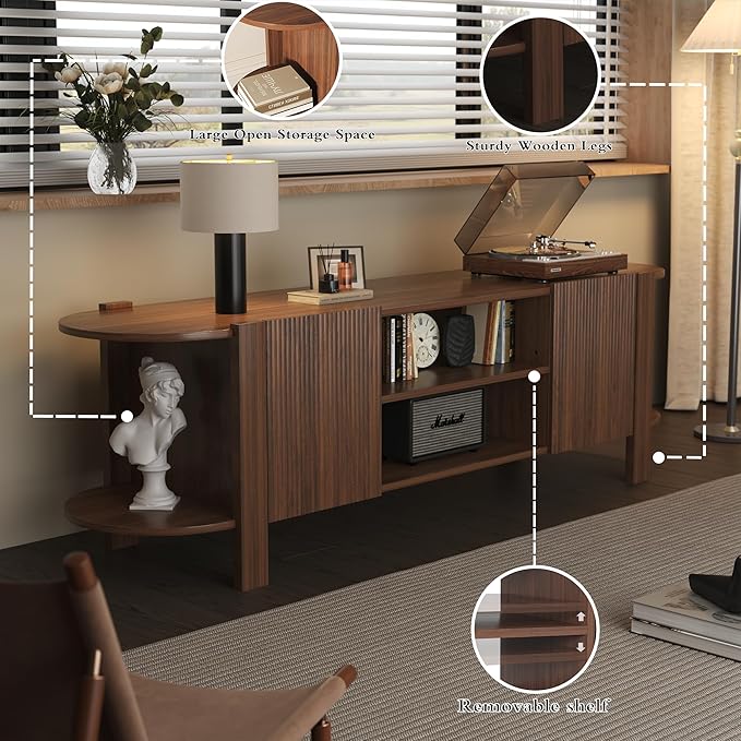 65 Inch TV Stand for Up to 75 inch TVs, Fluted Entertainment Center with Adjustable Shelve, Curved Round Corner TV Console Table with Storage Cabinet for Living Room, Bed Room (Walnut Color)