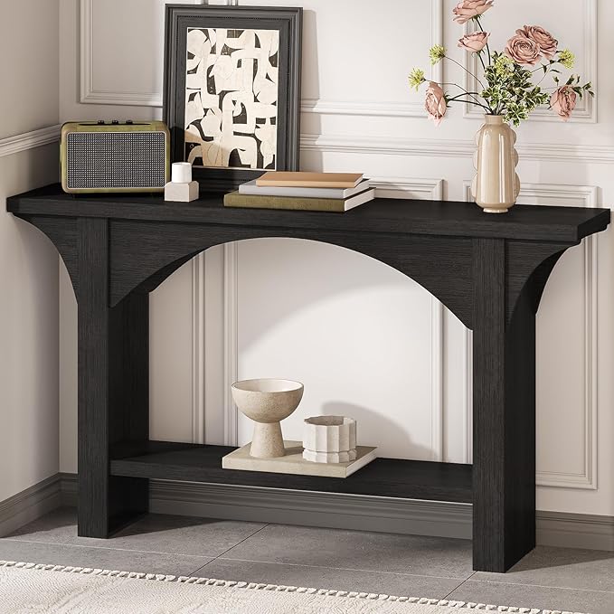 55 Inches Console Table,2 Tier Farmhouse Entryway Table,Narrow Wood Accent Tables with Storage Shelves for Living Room,Entrance,Hallway,Foyer (Black)