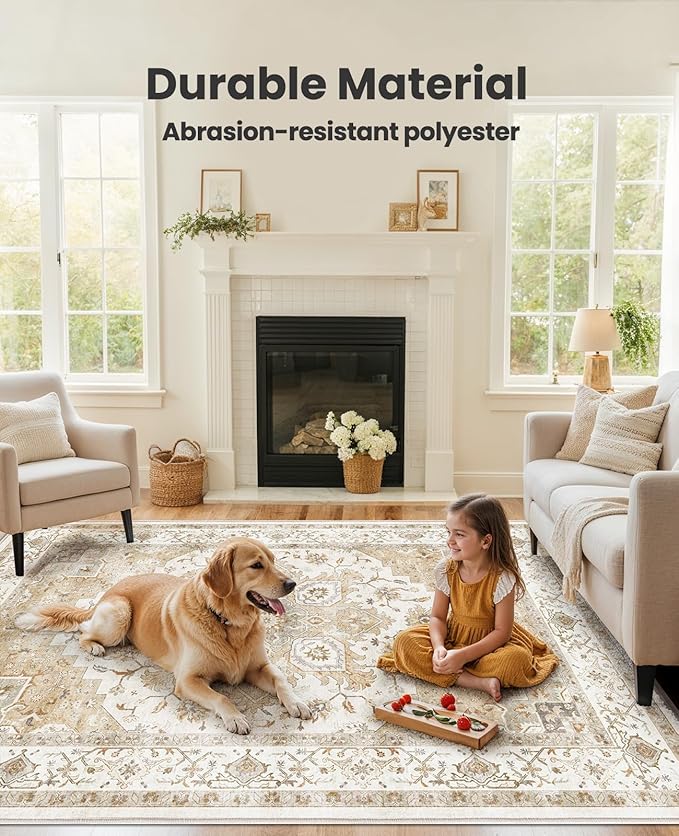 AMADA HOMEFURNISHING 5x7 Area Rugs, Washable Living Room Rug Low-Profile with Non-Slip Backing & Durable Edge Binding, Vintage 5x7 Rugs for Living Room, Bedroom, Dinning Room