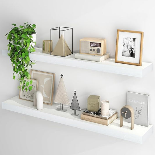 Fun Memories Floating Shelves for Wall, 48Inch Floating Shelves Set of 2, Hanging Shelf with Invisible Brackets, Wood Shelves for Living Room, Bedroom, Kitchen, White