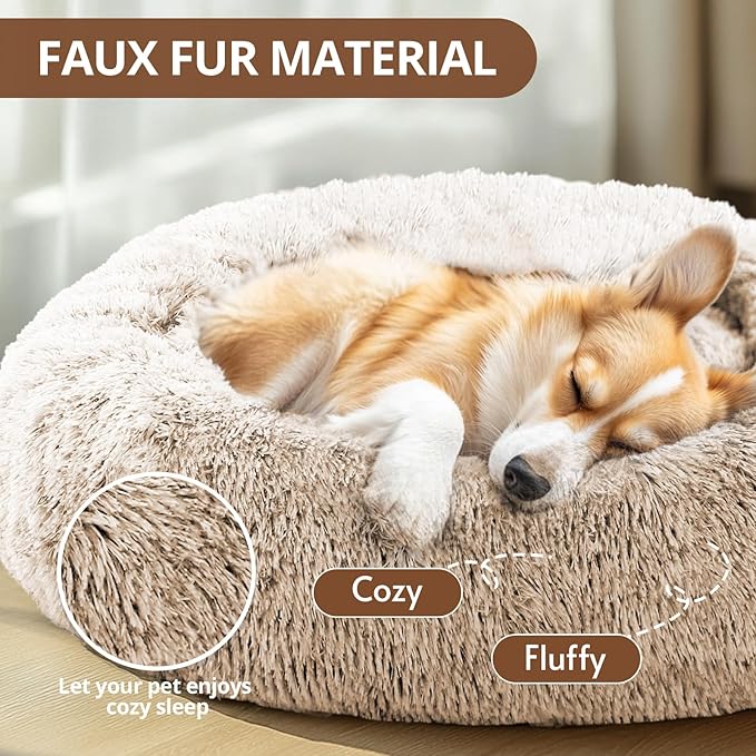 JOLLYVOGUE Calming Dog & Cat Bed for Small Dogs, Anti-Anxiety Donut Cuddler Cozy Soft Round Bed with Anti-Slip Bottom, Fluffy Faux Fur Plush Cushion Beds for Small Medium Dogs (27")