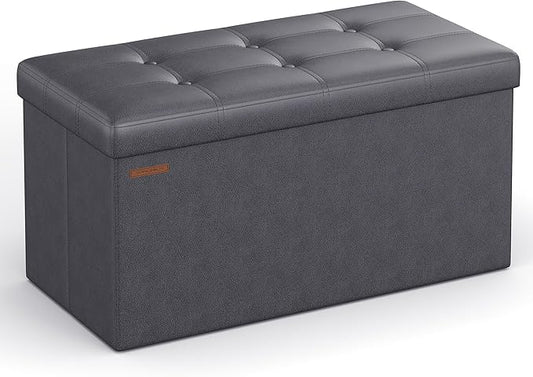 SONGMICS Mazie Collection - 30 Inches Folding Storage Ottoman Bench, Ottoman with Storage, Foot Rest Stool, Load 660 lb, for Living Room, Synthetic Leather, Dark Gray ULSF040G01