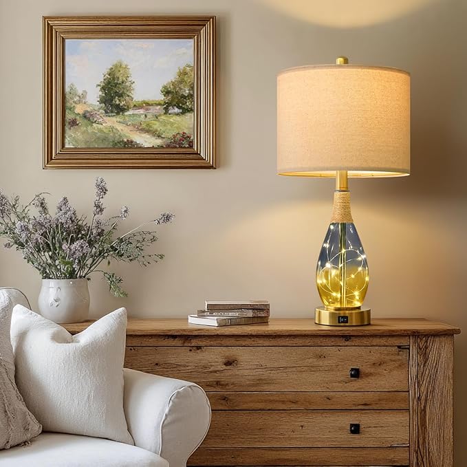 OYEARS 23" Table Lamps for Living Room Set of 2,Bedside Lamps for Night Stands, Rattan Lamps for Bedroom,Farmhouse Lamps with Glass Nightlight,Two Light Points