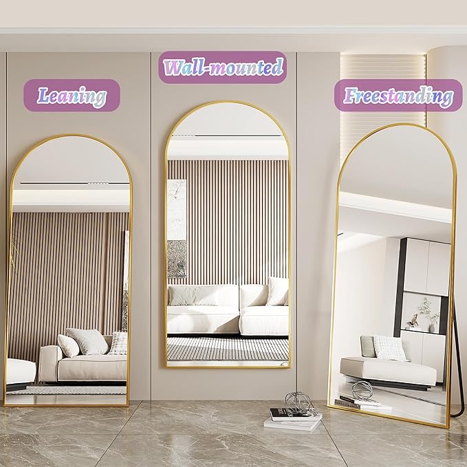 Full Length Mirror, 71"x32" Arched Floor Mirror Freestanding, Oversized Floor Standing Full Body Mirror with Stand for Bedroom, Hanging Mounted for Living Room Cloakroom, Gold
