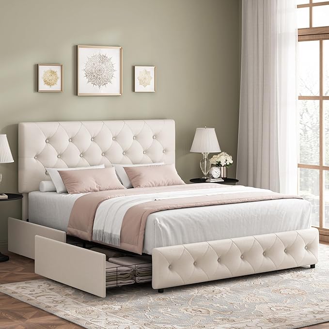 Keyluv Modern Upholstered Bed Frame with 4 Drawers, Button Tufted Headboard Design, Solid Wooden Slat Support, Easy Assembly, Fabric, Beige, Full Size