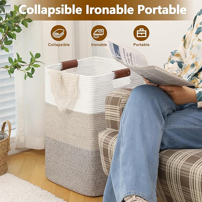 Laundry Hamper 96L Extra Large Laundry Basket, Woven Blanket Basket, Cotton Woven Storage Hamper with Handles for Living Room, Large Baskets for Pillows, Blankets, Clothes-Gradient Yellow