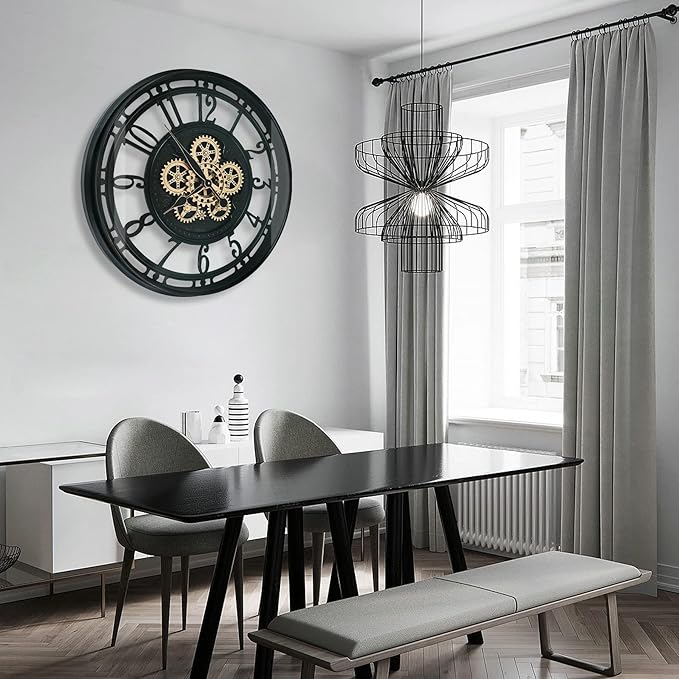 DORBOKER Moving Gears Wall Clock Large Modern Metal Clocks for Living Room Decor, Industrial Steampunk Unique Vintage Rustic Decorative Clock for Home Farmhouse Office, 27.6 Inch,Black Gold Arabic