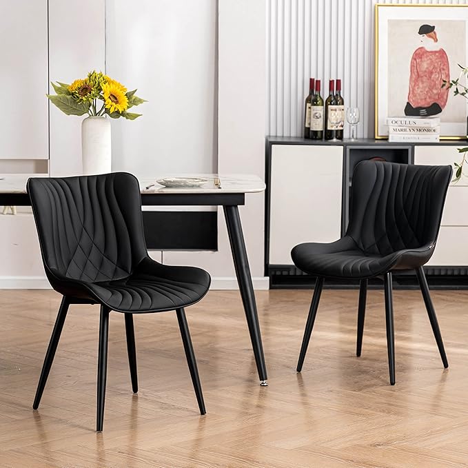 YOUTASTE Black Dining Chairs Set of 2 Upholstered Mid Century Modern Kitchen Dining Room Chairs Armless Faux Leather Accent Chairs Metal Vanity Lounge Chair with Back for Living Room Bedrooms