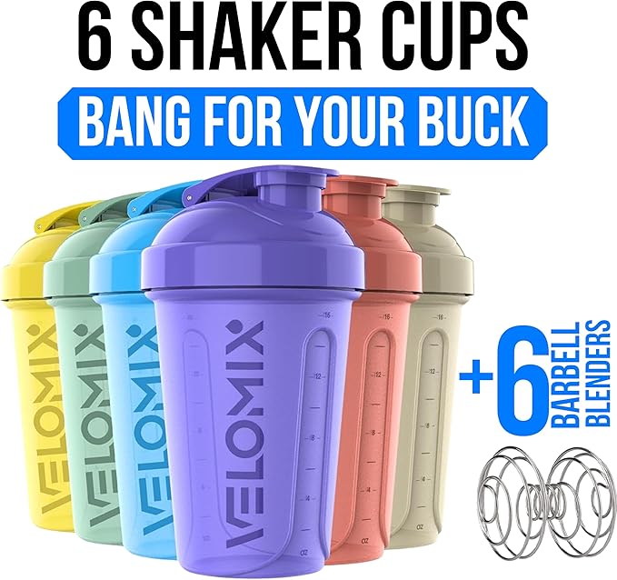 VELOMIX -6 PACK- 20 OZ Protein Shaker Bottles for Protein Mixes, Shaker Cups for Protein Shakes, Small Shaker Bottle Pack, Shaker Cup, Shakers for protein Shakes (Pastel Shades - 6 Pack)