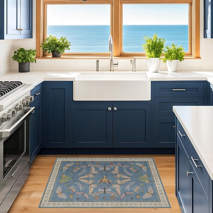 Dusty Blue Bathroom Rug 2x4 - Aqua Blue Rug for Entryway Indoor Entrance, Kitchen Floor, Washable Low Pile Stain & Fade Resistant, Waterproof Insect Floral Decor