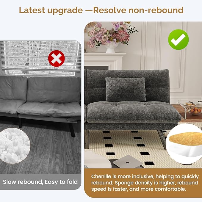 Futon Sofa Bed Convertible 70 inch Solid Wood Couch for Living Room, Chenille Fabric, 2 Cushions (Dark Gray)