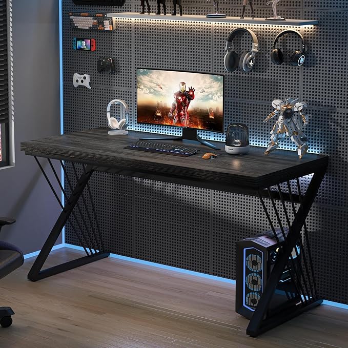 FOLUBAN Modern Home Office Desk, Rustic Wood and Metal Computer Desk, Writing Study Gaming Table PC Desks for Living Room Bedroom, Industrial Dark Gray, 53 inch