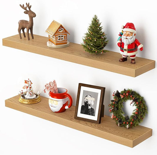 Heimlove Floating Shelves for Wall 32 Inch,Mounted Storage Wood Shelves with Invisible Brackets Hanging Shelf for Bedroom Living Room Kitchen Office,Set of 2,Oak Color