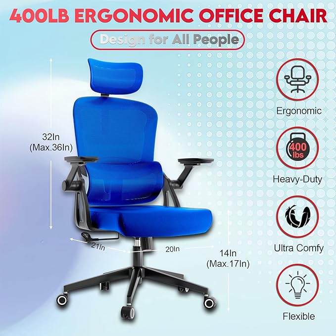 Ergonomic Office Chair - 400LB Comfy Desk Chairs with Adjustable Headrest and Lumbar Back Support, Mesh Computer Chairs with Wheels and Arms for Home Office, Study, Bedroom and Dorm (01blue)