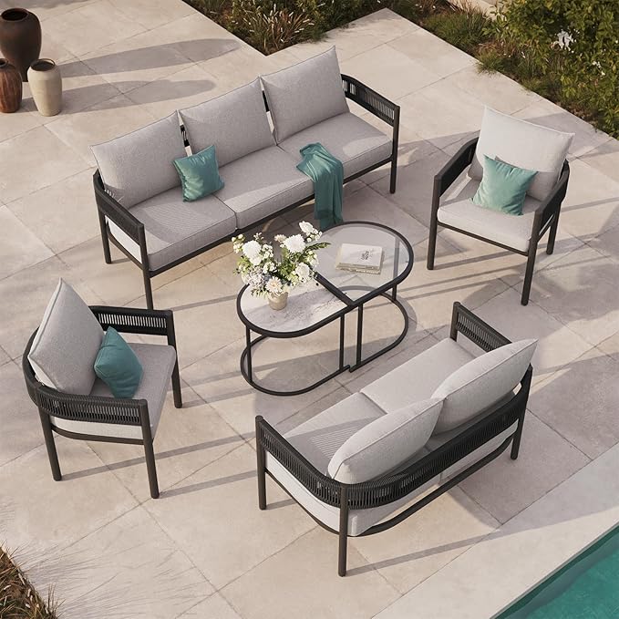 Grand patio 6-Piece Outdoor Furniture Set, 7 Seats Wicker Sofa Conversation Set with 3-Seat Couch, Thick Cushions and Coffee Table, for Backyard, Balcony, Garden (Beige)