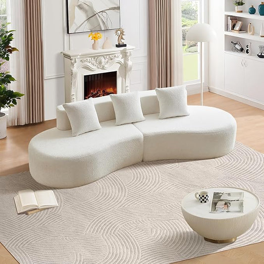 109'' Curved Couch, Mid Century Modern Half Moon Sofa, Luxury 3-Seat Couch with High-Density Foam Filled, Raindrop Velvet Fabric Sectional Sofa for Living Room, Apartment, Office, White