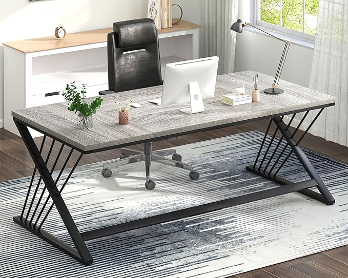 FOLUBAN 70.9" Industrial Computer Desk with Z-Shaped Legs, Modern Home Office Desk for 2 Person, Large Gaming Executive Workstation Study Table for Bedroom Writing, Light Grey