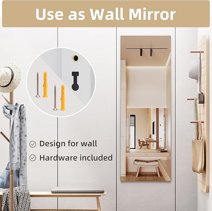 Hasipu Door Mirror Full Length, 47"x 15.8" Full Body Over The Door Hanging Wall Mounted Mirror for Bedroom, Living Room, Cloakroom, Square White