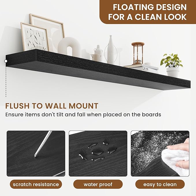 fuqing Floating Shelves for Wall, Wall Mounted Wood Floating Shelf with Invisible Brackets for Living Room, Bathroom, Bedroom, Kitchen Storage and Decor, 55 Inch Set of 2, Black