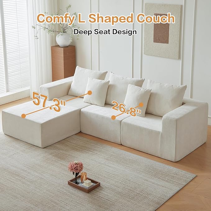 101" Cloud Couch Sectional, Corduroy Boneless Couch with L Shape Chair, All-Foam Compressed Sofa for Living Room, No Assembly Required (Beige)